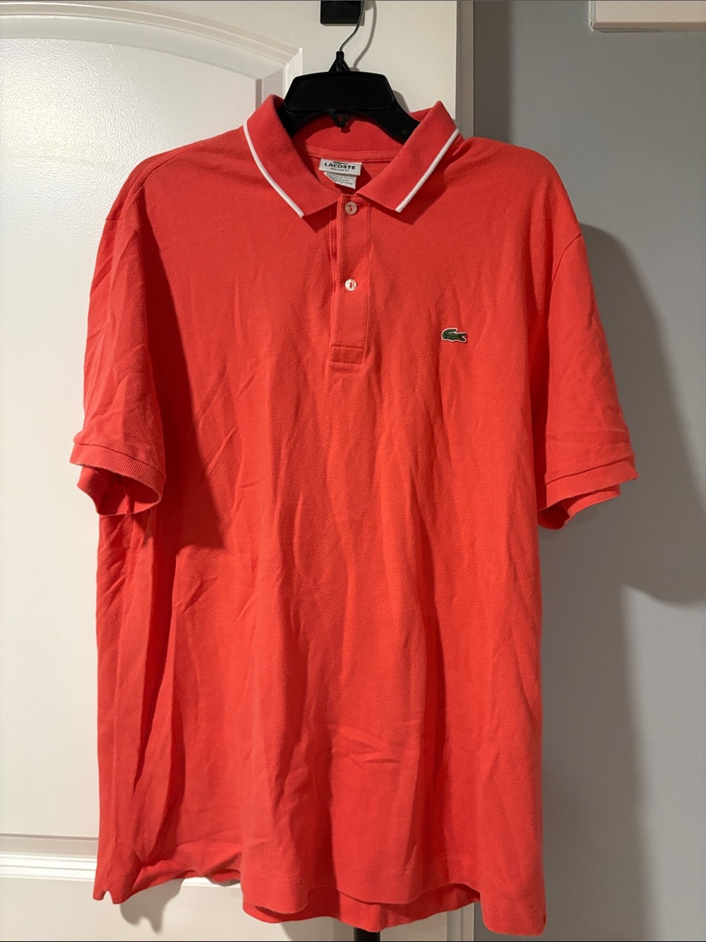 Lacoste Men's Coral-Red Polo with White Piped Collar